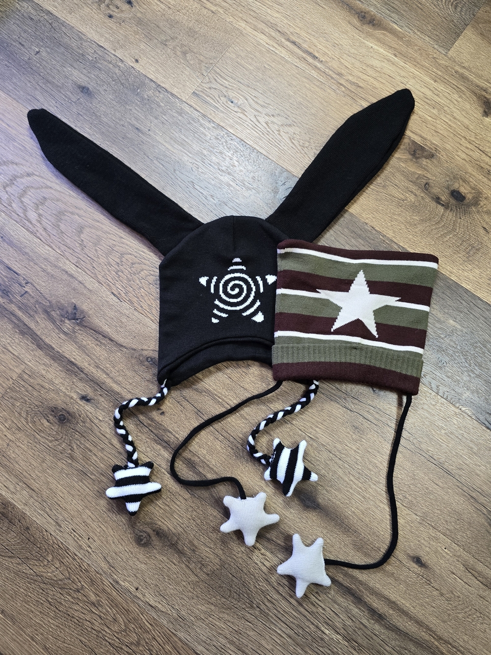 Hot Topic Black Bunny-Ear Beanie & Striped Star Beanie
